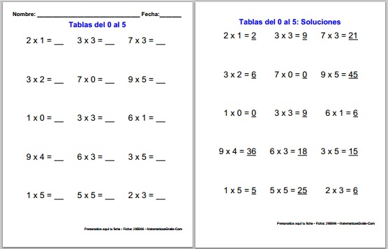 Tabla de multiplicar - Fichas